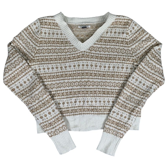 American Eagle Outfitters Sweaters - American Eagle Sweater Womens Small Cream Tan Fair Isle V-Neck Pullover Knit